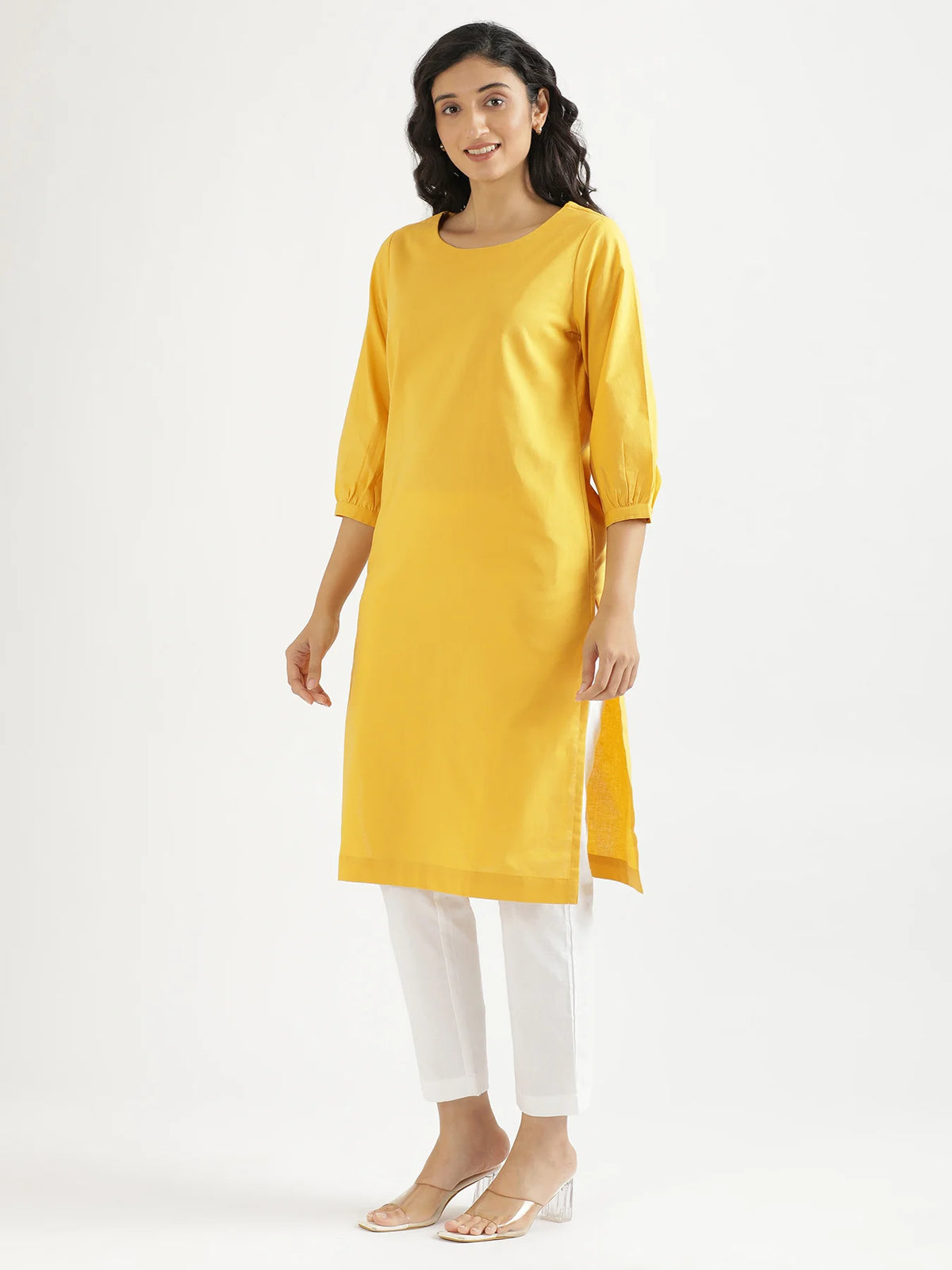 Women Yellow Airy Linen Puff Sleeve Long Kurta
