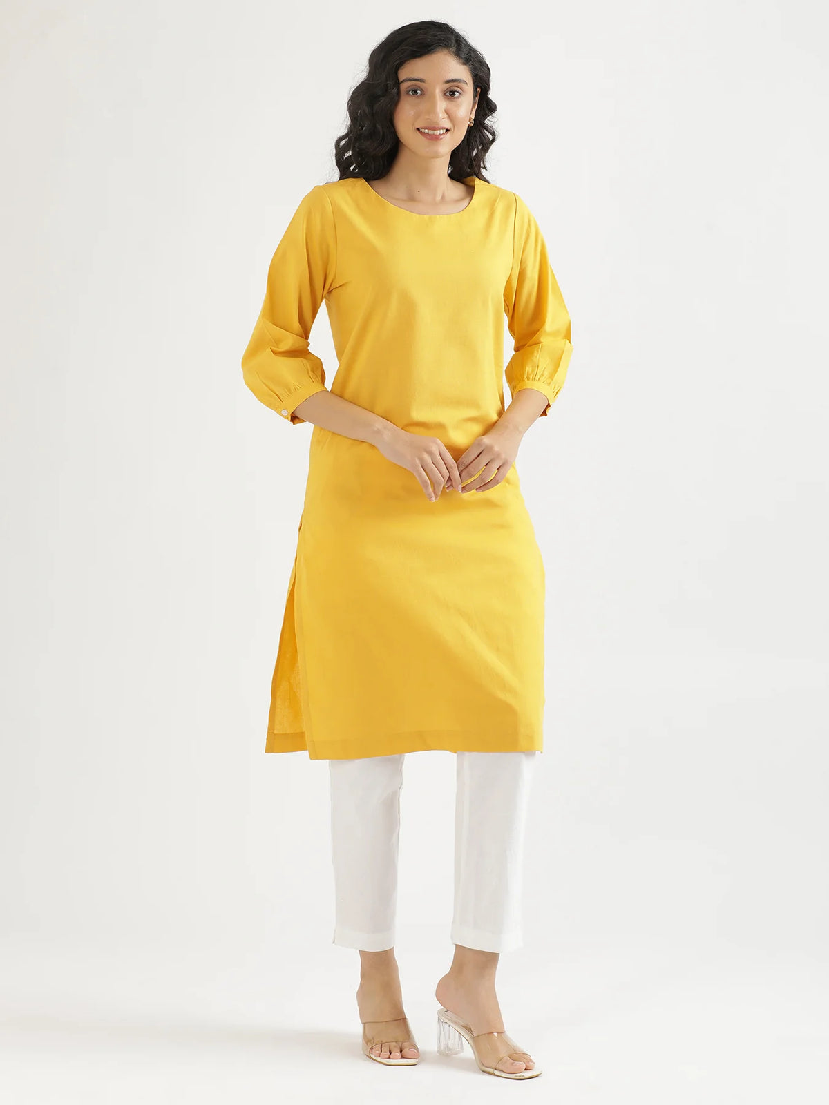 Women Yellow Airy Linen Puff Sleeve Long Kurta