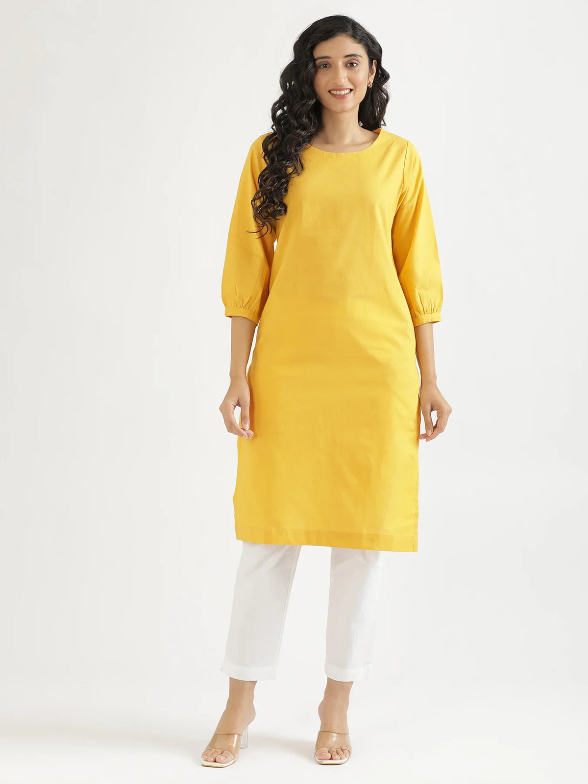 Women Yellow Airy Linen Puff Sleeve Long Kurta