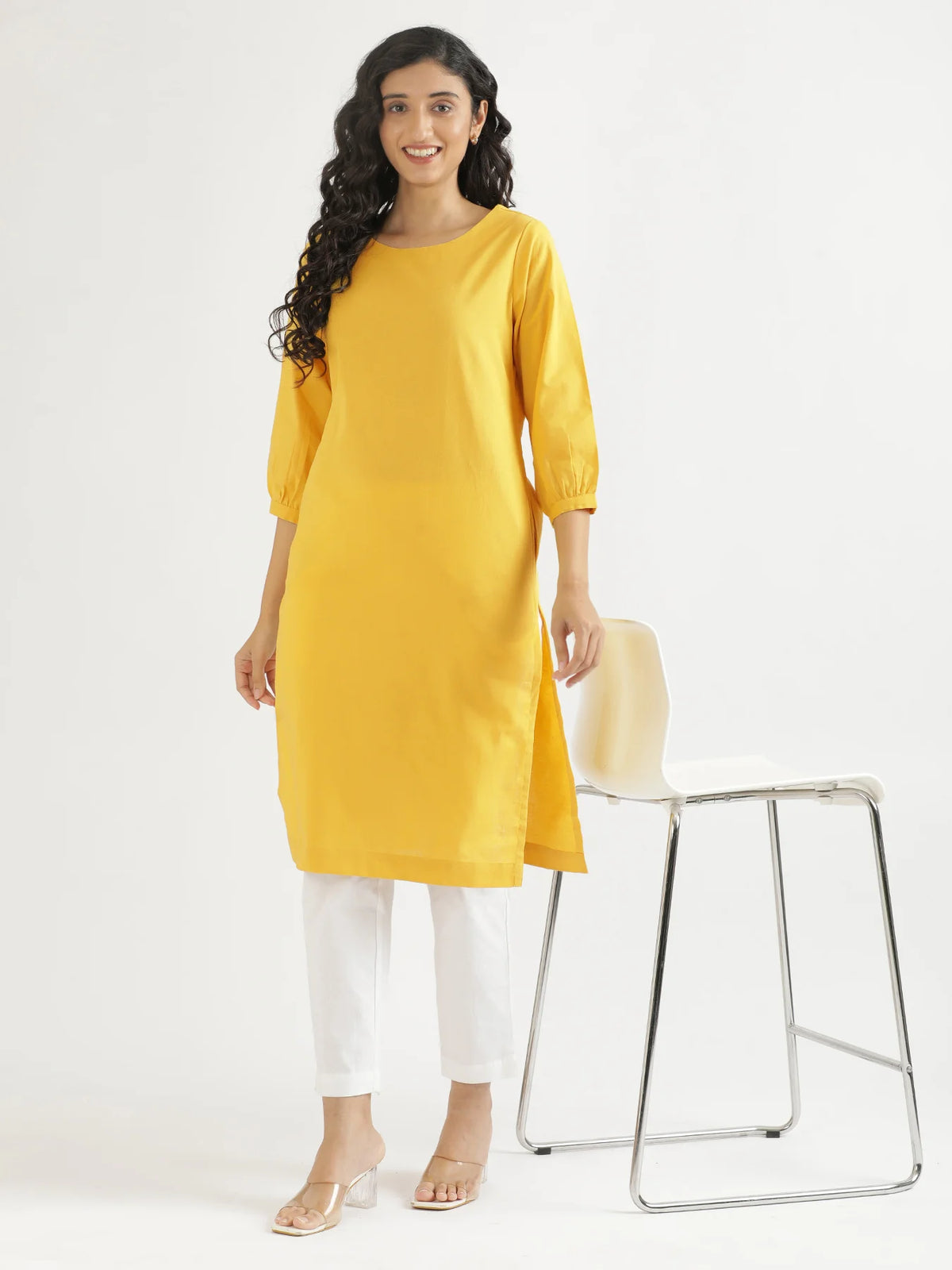 Women Yellow Airy Linen Puff Sleeve Long Kurta