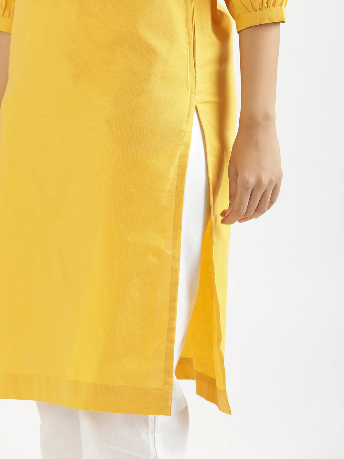 Women Yellow Airy Linen Puff Sleeve Long Kurta