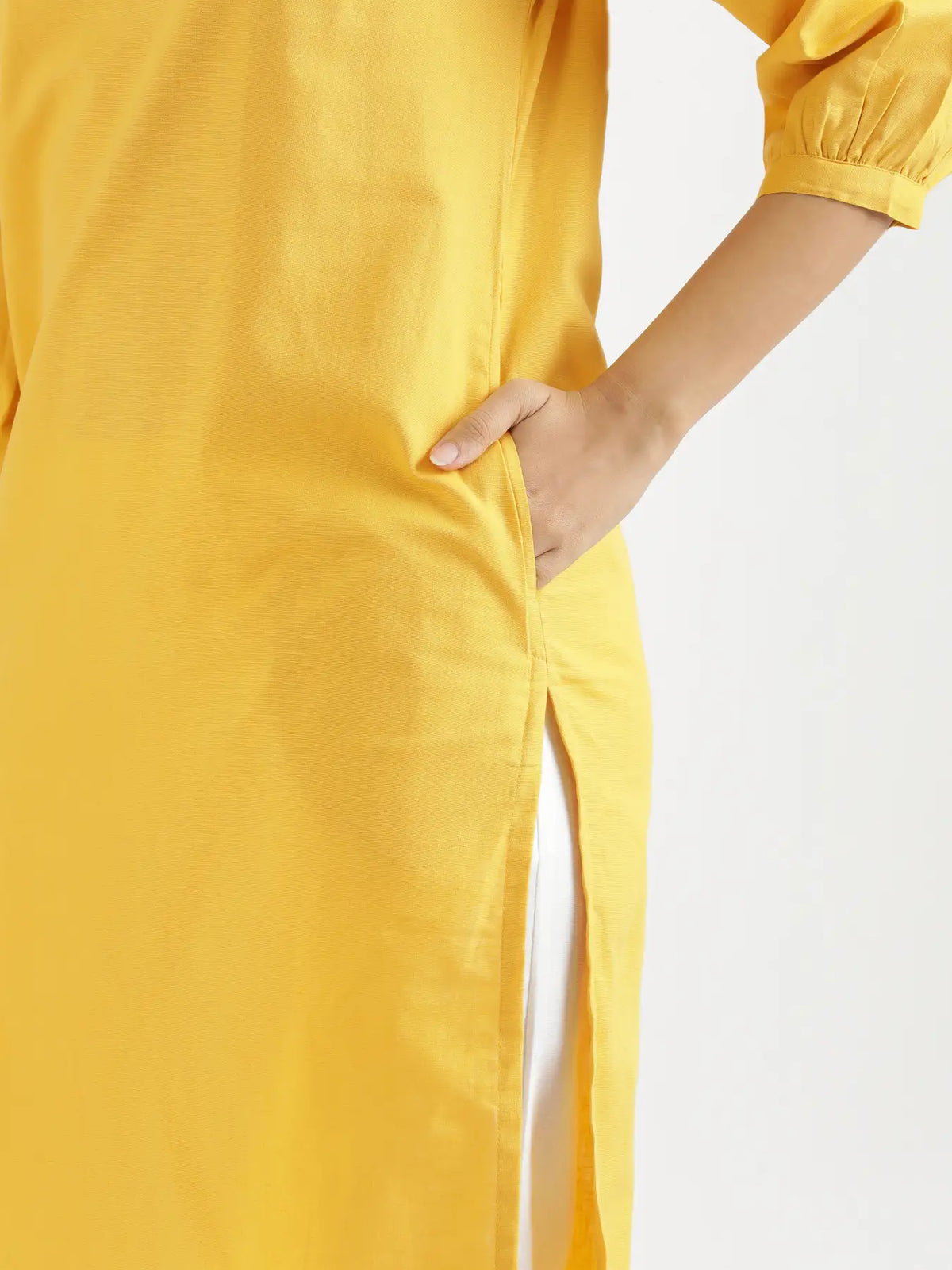 Women Yellow Airy Linen Puff Sleeve Long Kurta