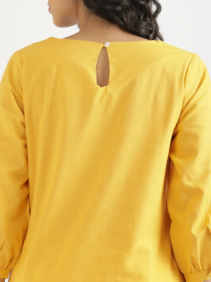 Women Yellow Airy Linen Puff Sleeve Long Kurta
