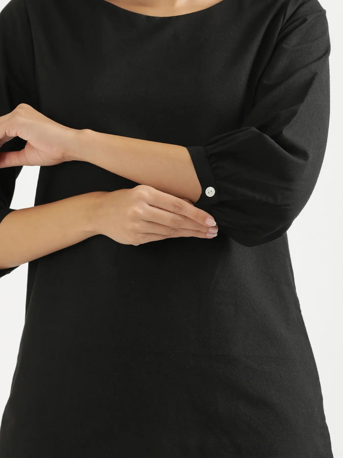 Women Black Airy Linen Puff Sleeve Short Kurta