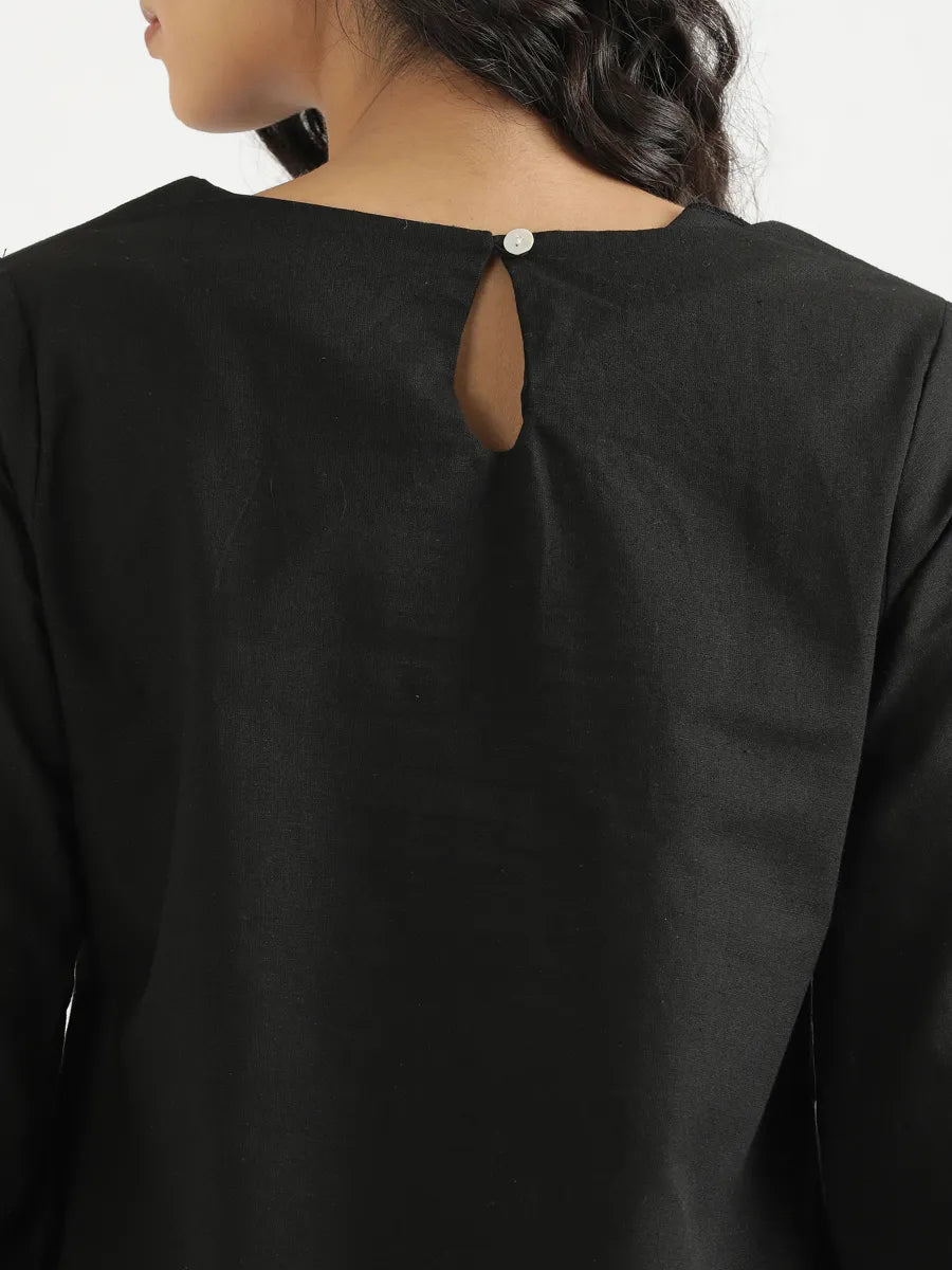 Women Black Airy Linen Puff Sleeve Short Kurta
