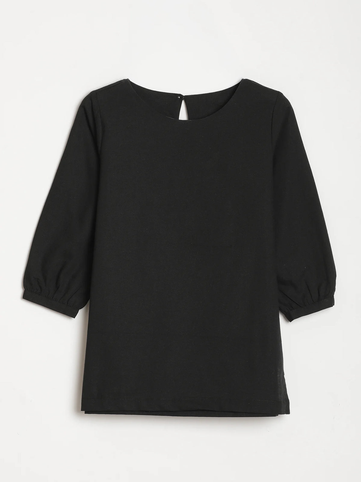 Women Black Airy Linen Puff Sleeve Short Kurta
