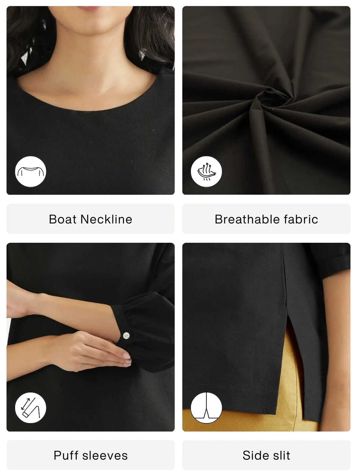 Women Black Airy Linen Puff Sleeve Short Kurta