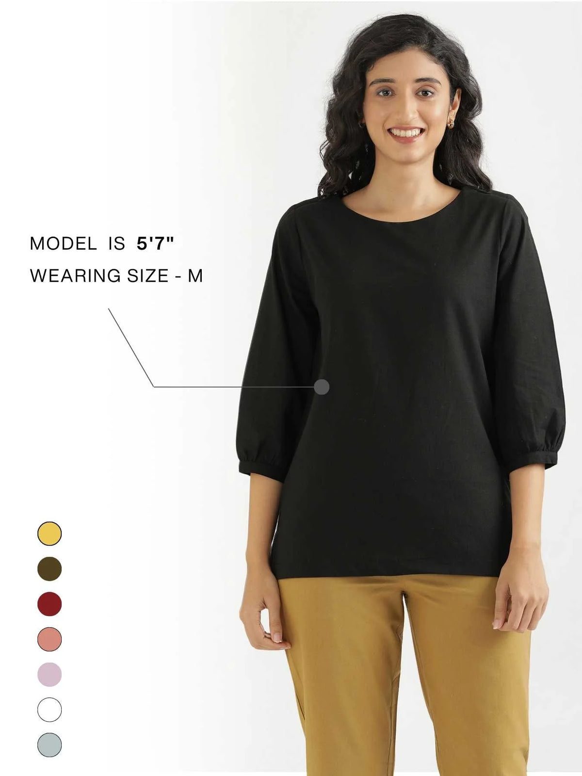 Women Black Airy Linen Puff Sleeve Short Kurta