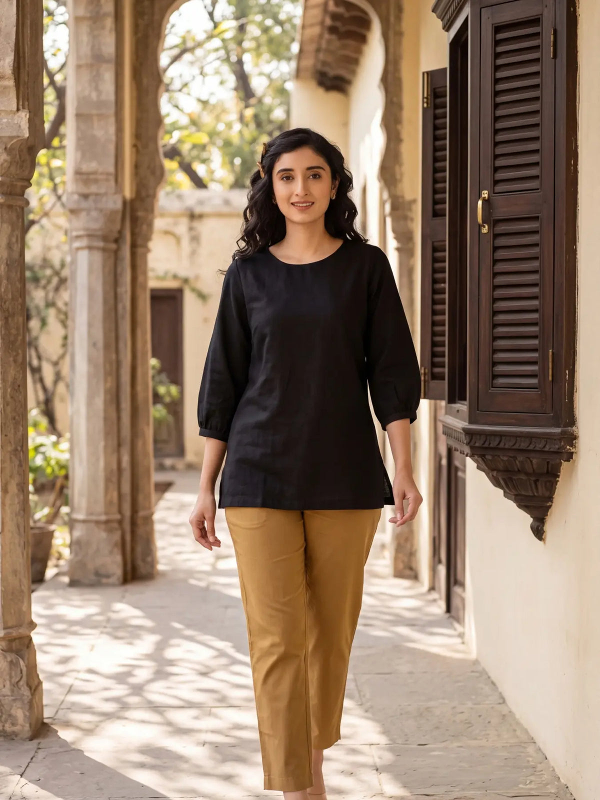 Women Black Airy Linen Puff Sleeve Short Kurta