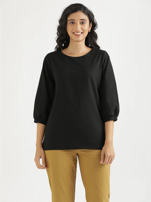 Women Black Airy Linen Puff Sleeve Short Kurta