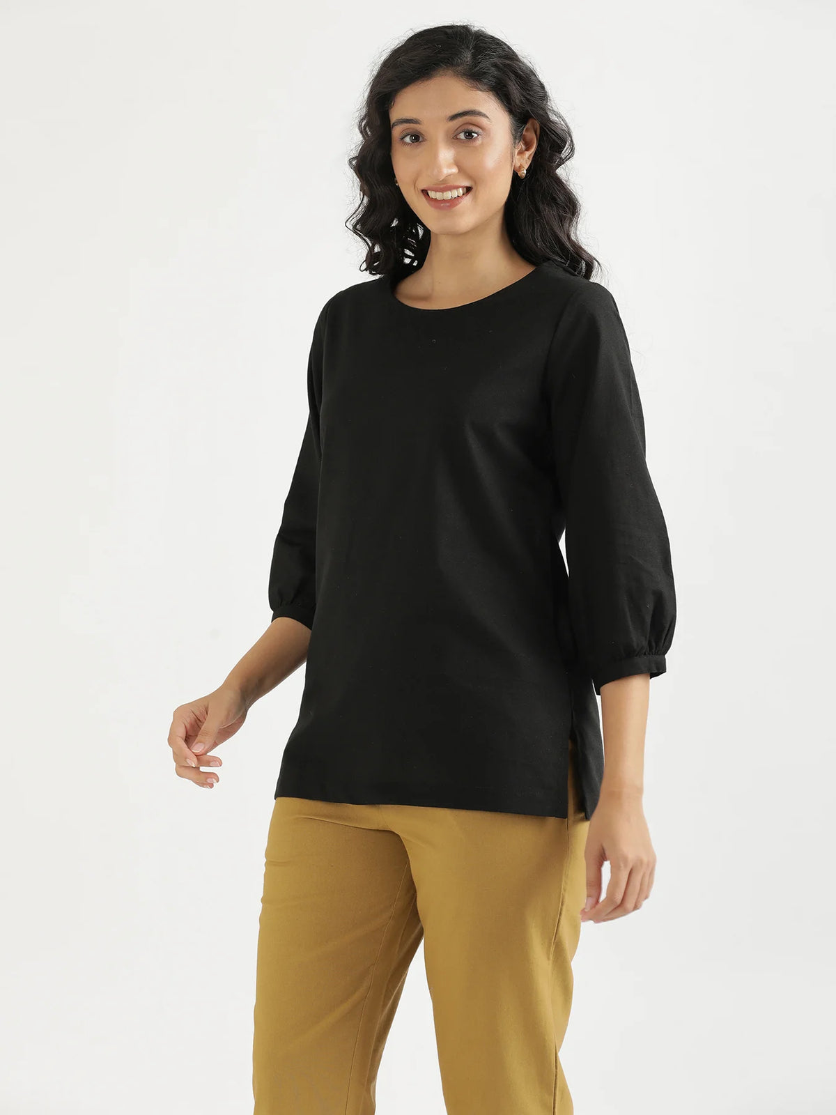 Women Black Airy Linen Puff Sleeve Short Kurta