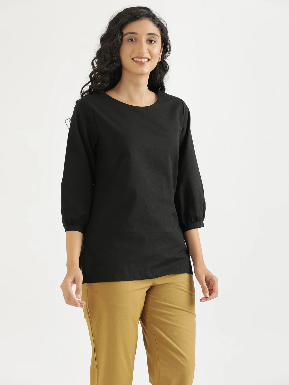 Women Black Airy Linen Puff Sleeve Short Kurta