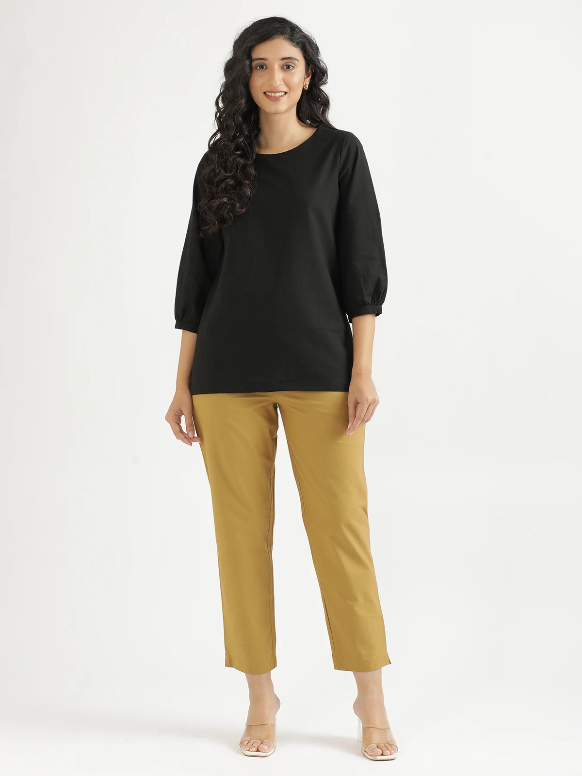 Women Black Airy Linen Puff Sleeve Short Kurta