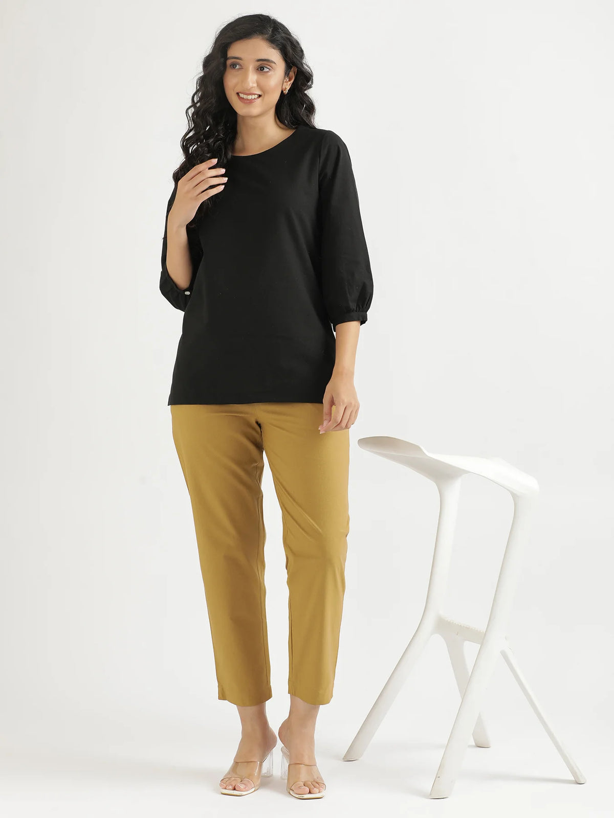 Women Black Airy Linen Puff Sleeve Short Kurta