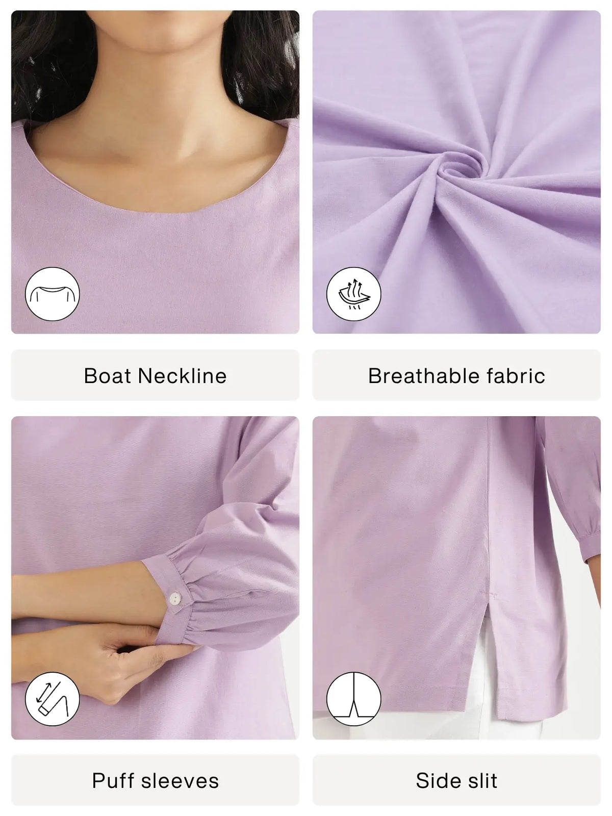 Women Lilac Airy Linen Puff Sleeve Short Kurta