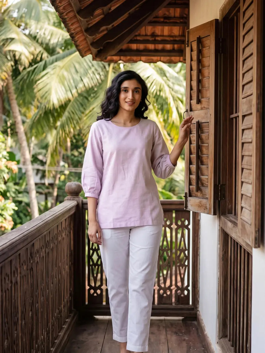 Women Lilac Airy Linen Puff Sleeve Short Kurta