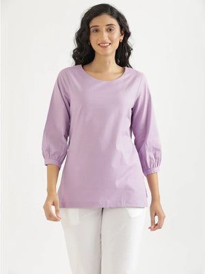 Women Lilac Airy Linen Puff Sleeve Short Kurta