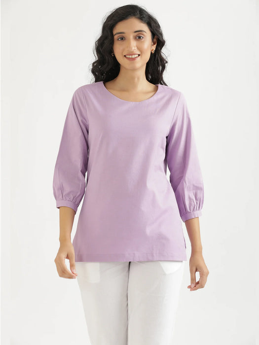 Women Lilac Airy Linen Puff Sleeve Short Kurta