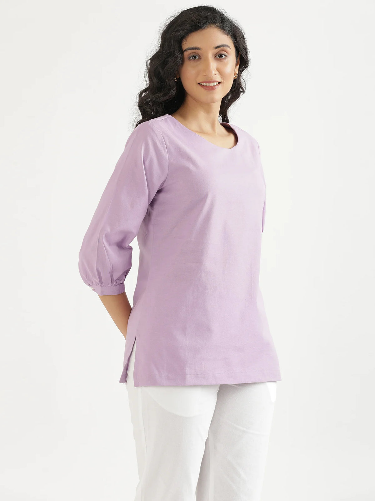 Women Lilac Airy Linen Puff Sleeve Short Kurta