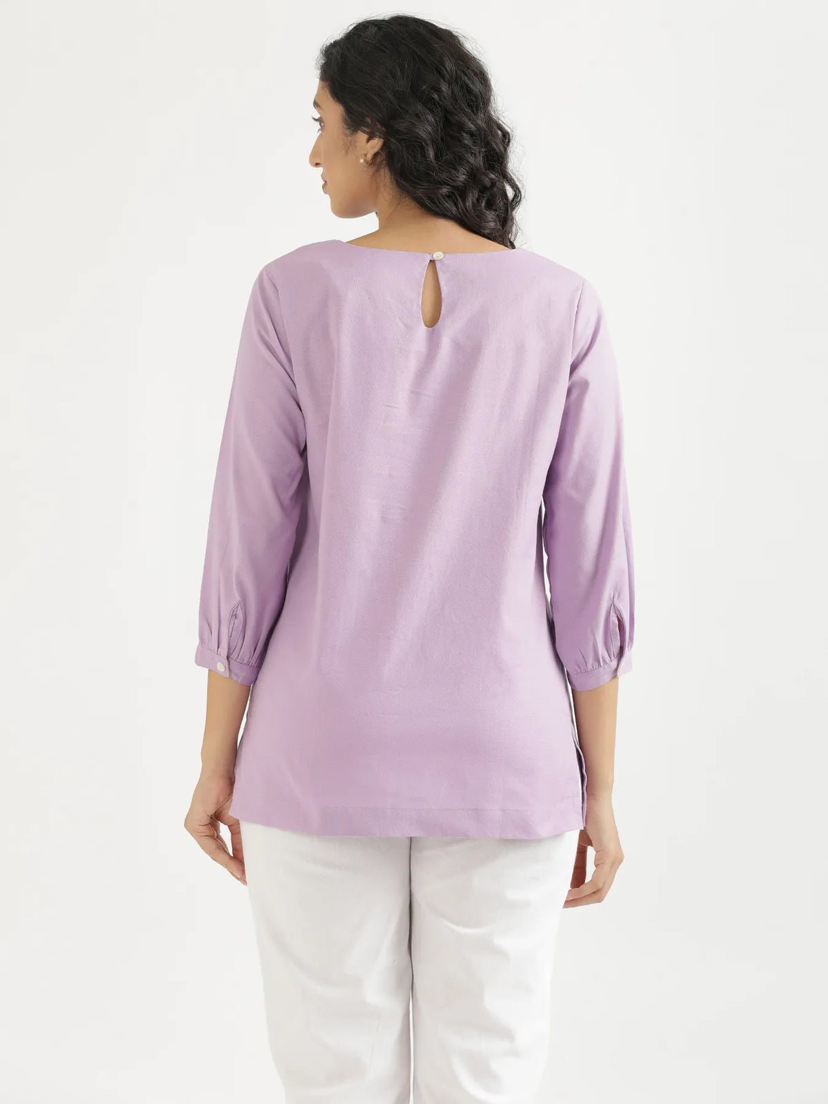 Women Lilac Airy Linen Puff Sleeve Short Kurta