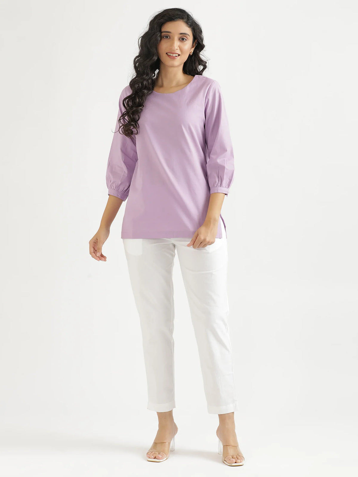 Women Lilac Airy Linen Puff Sleeve Short Kurta