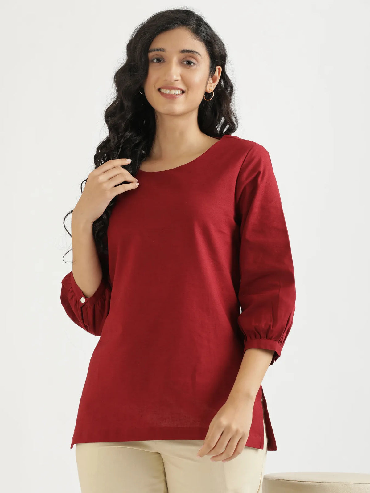 Women Maroon Airy Linen Puff Sleeve Short Kurta