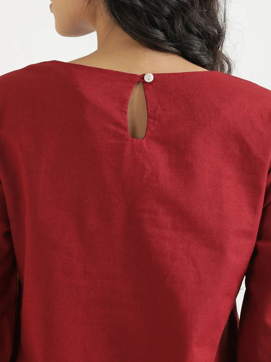 Women Maroon Airy Linen Puff Sleeve Short Kurta