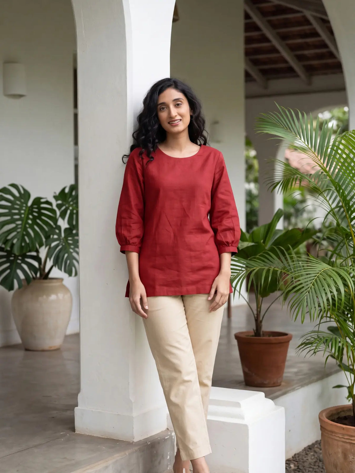 Women Maroon Airy Linen Puff Sleeve Short Kurta