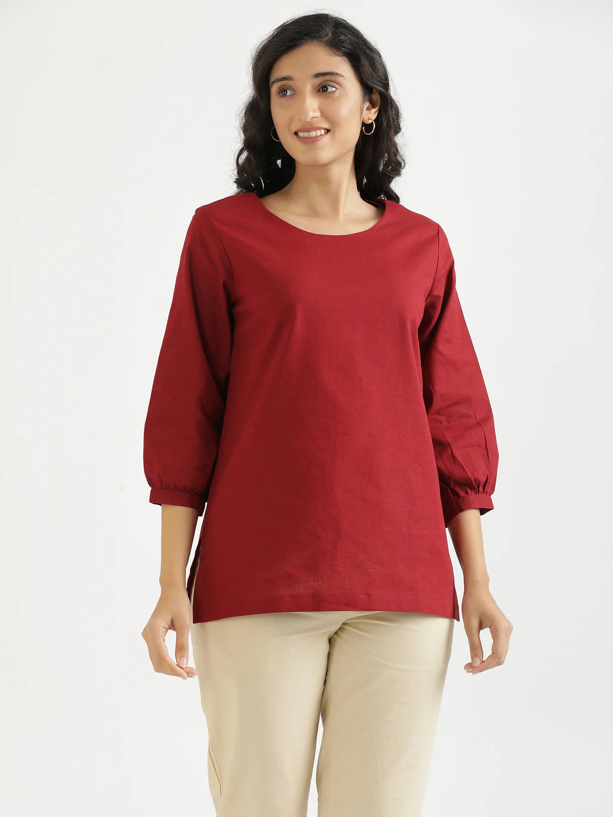 Women Maroon Airy Linen Puff Sleeve Short Kurta