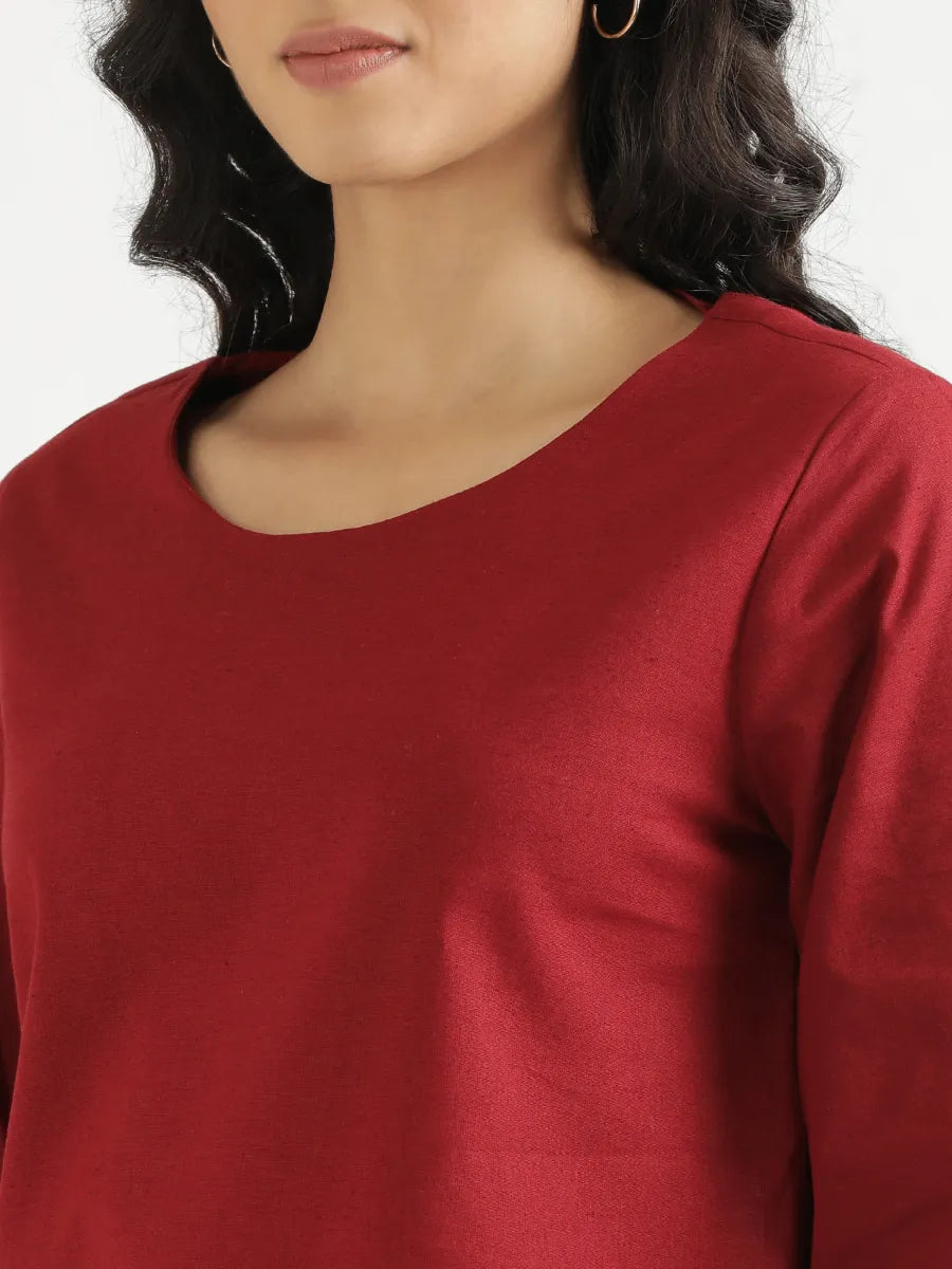 Women Maroon Airy Linen Puff Sleeve Short Kurta
