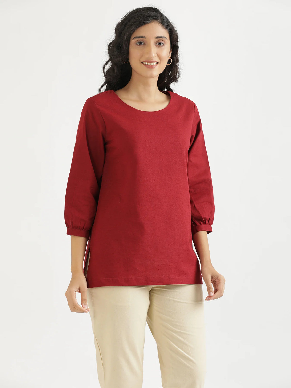 Women Maroon Airy Linen Puff Sleeve Short Kurta