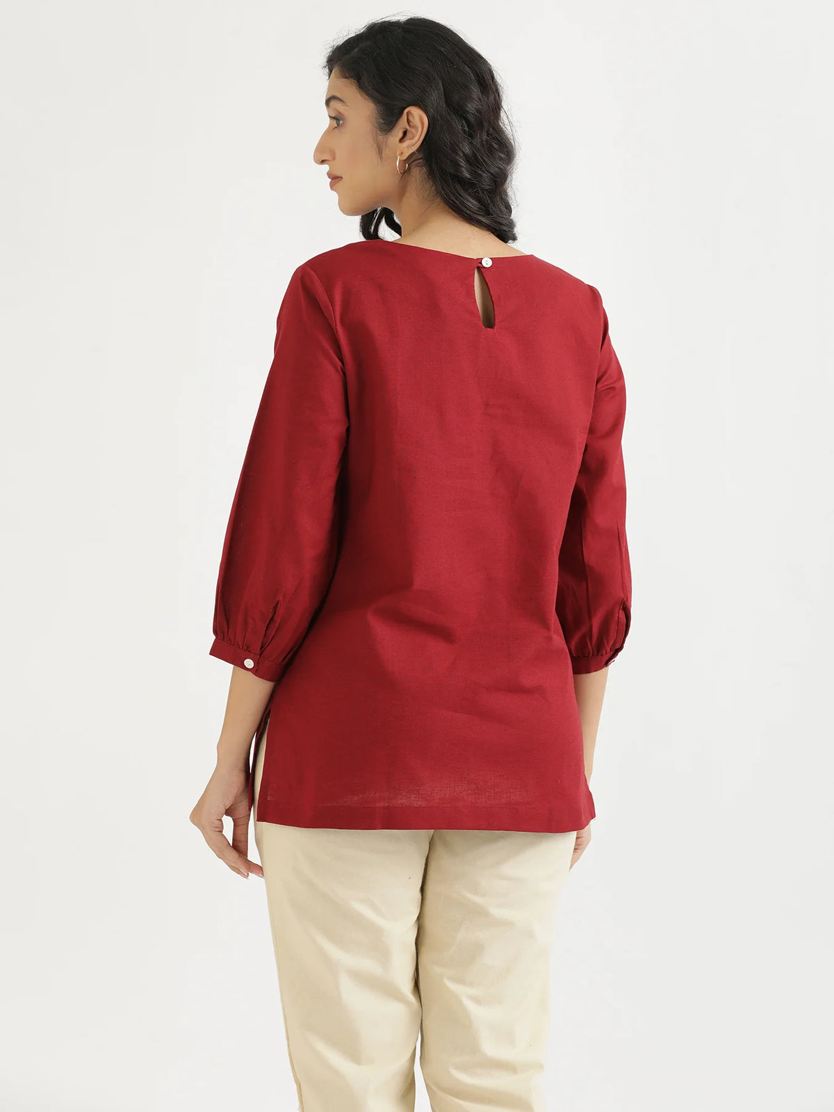 Women Maroon Airy Linen Puff Sleeve Short Kurta