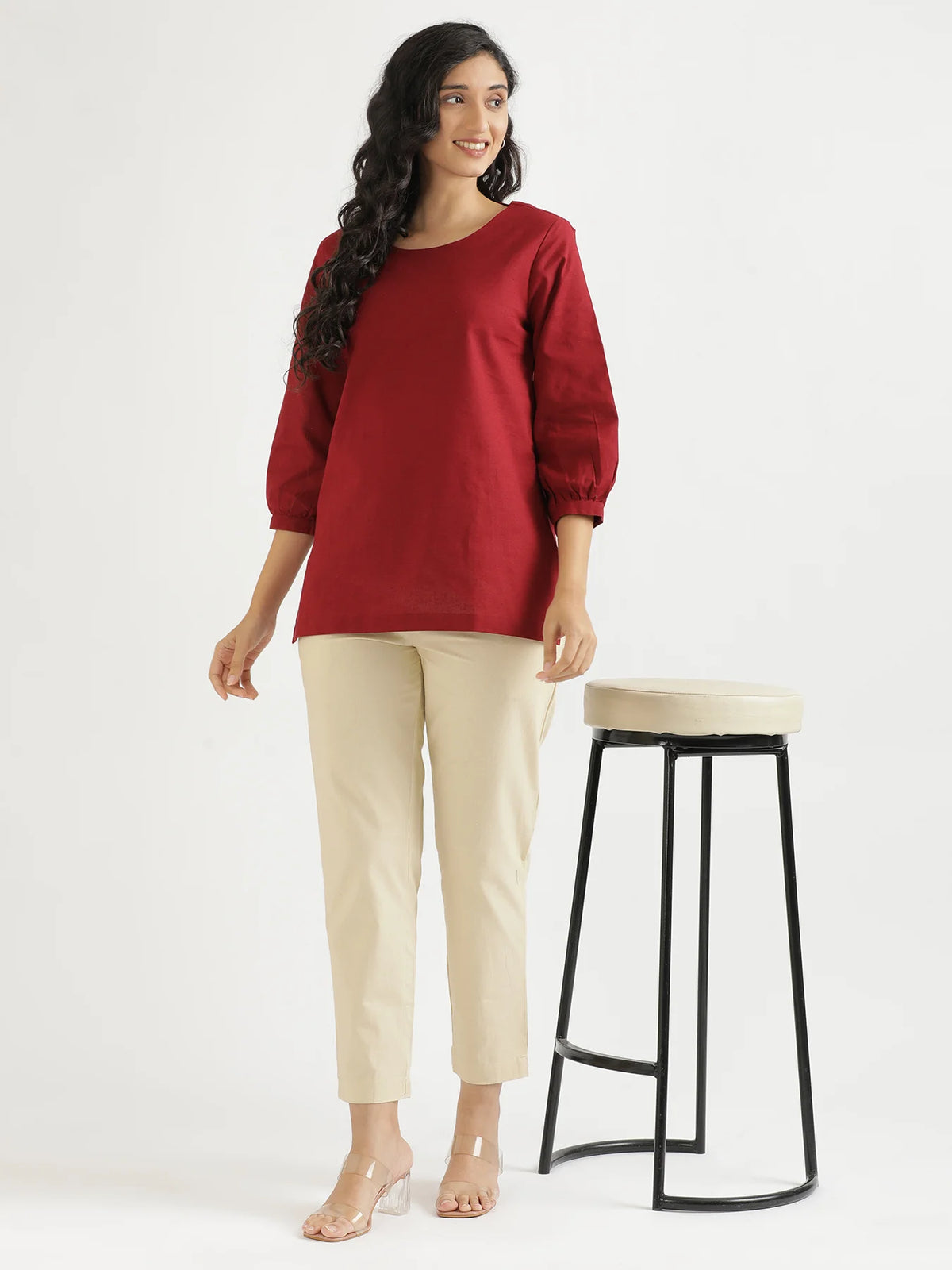 Women Maroon Airy Linen Puff Sleeve Short Kurta