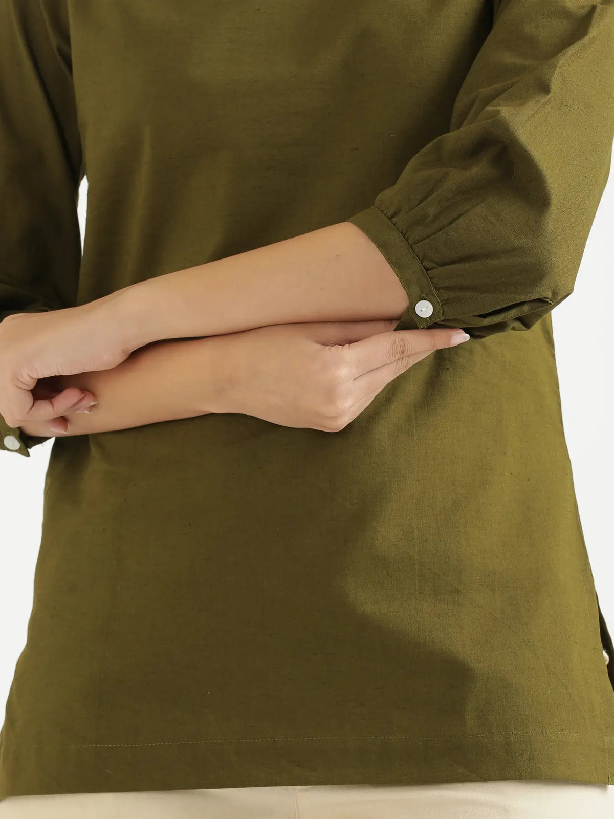 Women Olive Green Airy Linen Puff Sleeve Short Kurta