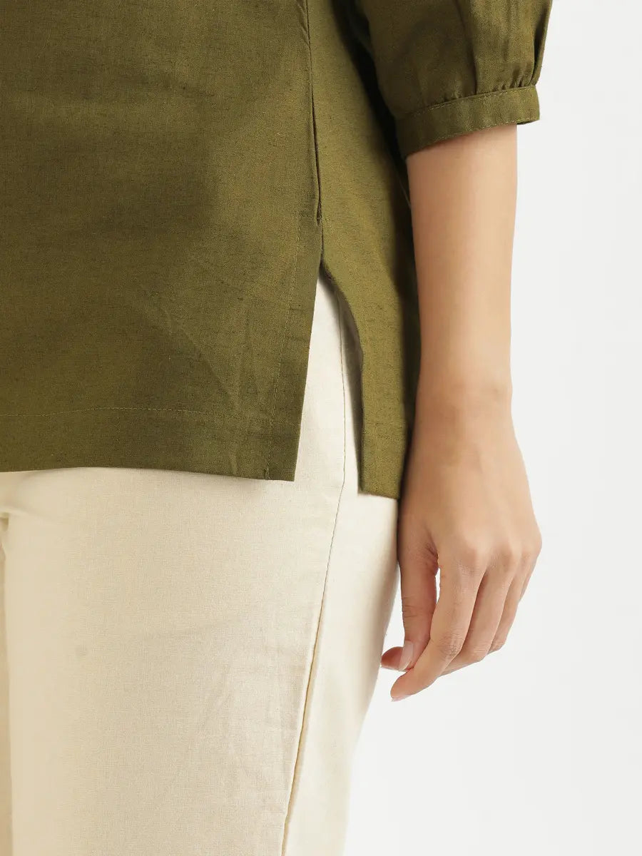 Women Olive Green Airy Linen Puff Sleeve Short Kurta