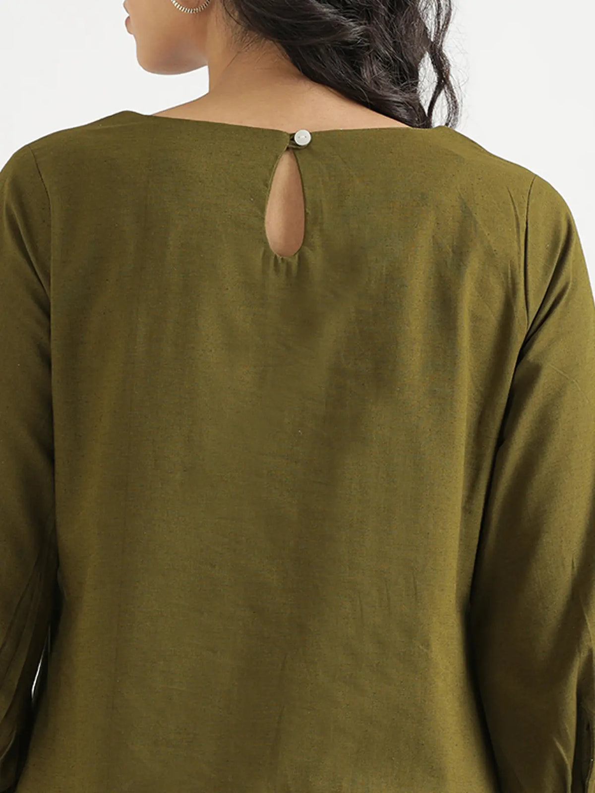 Women Olive Green Airy Linen Puff Sleeve Short Kurta