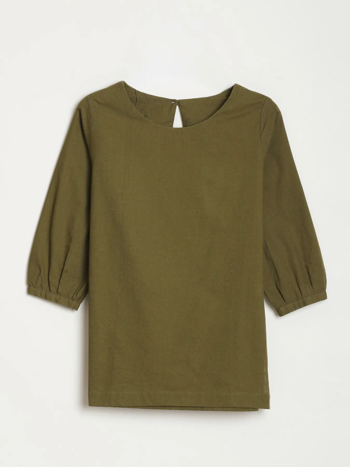 Women Olive Green Airy Linen Puff Sleeve Short Kurta