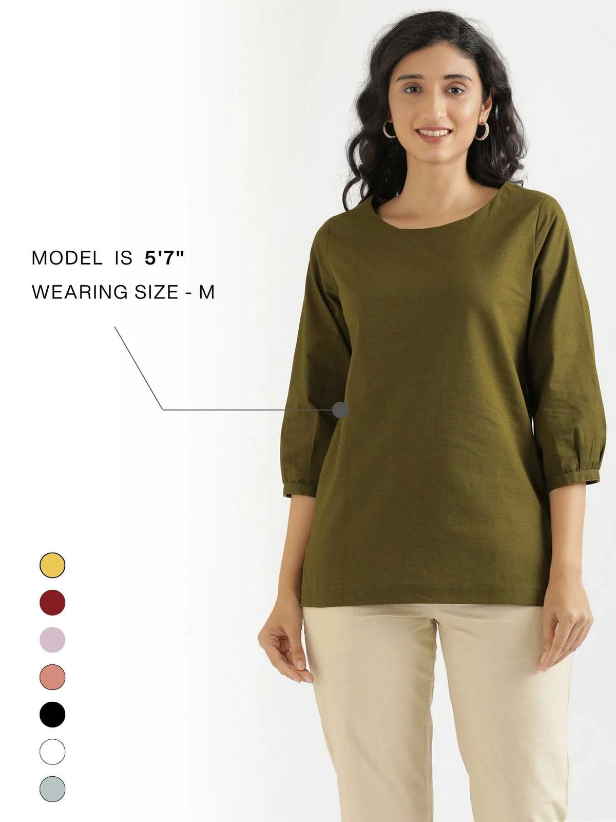 Women Olive Green Airy Linen Puff Sleeve Short Kurta