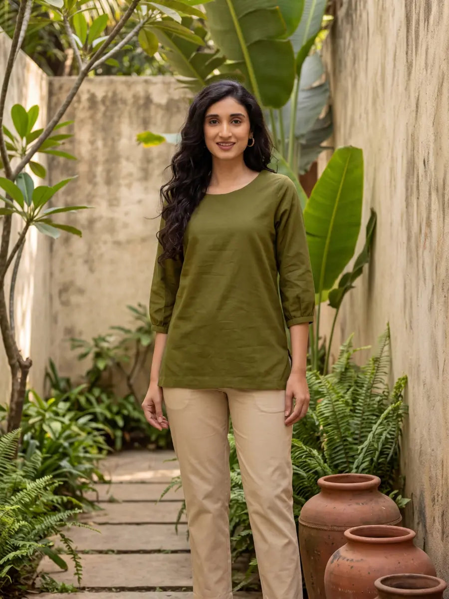Women Olive Green Airy Linen Puff Sleeve Short Kurta
