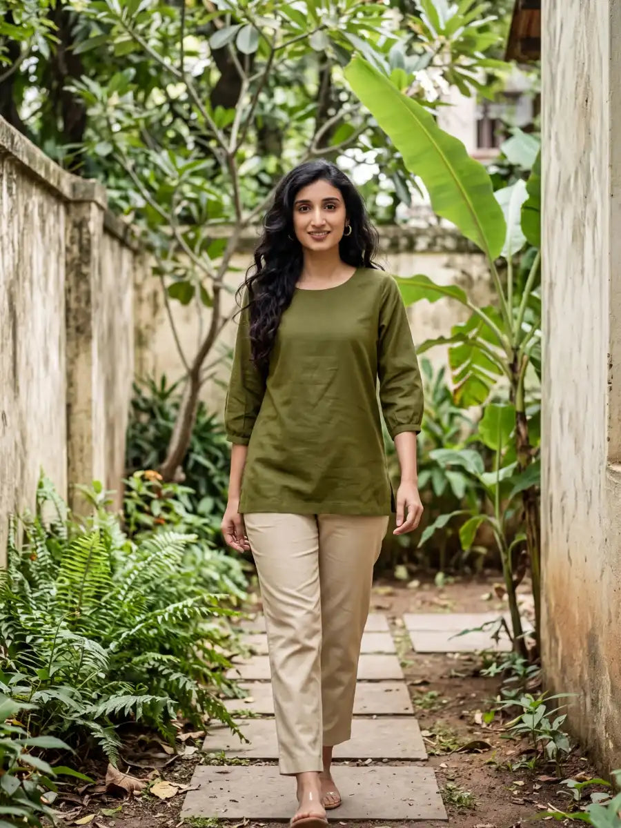 Women Olive Green Airy Linen Puff Sleeve Short Kurta