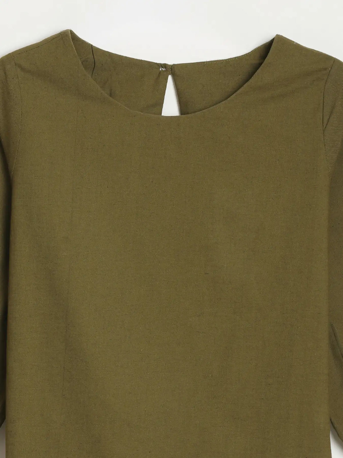 Women Olive Green Airy Linen Puff Sleeve Short Kurta