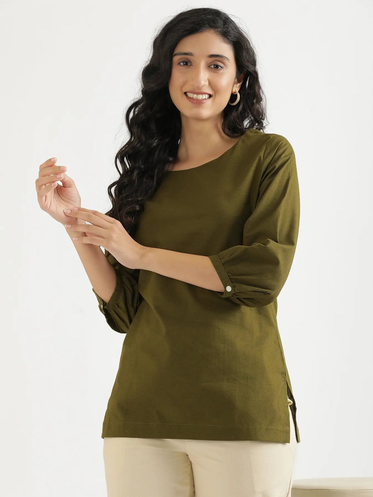 Women Olive Green Airy Linen Puff Sleeve Short Kurta