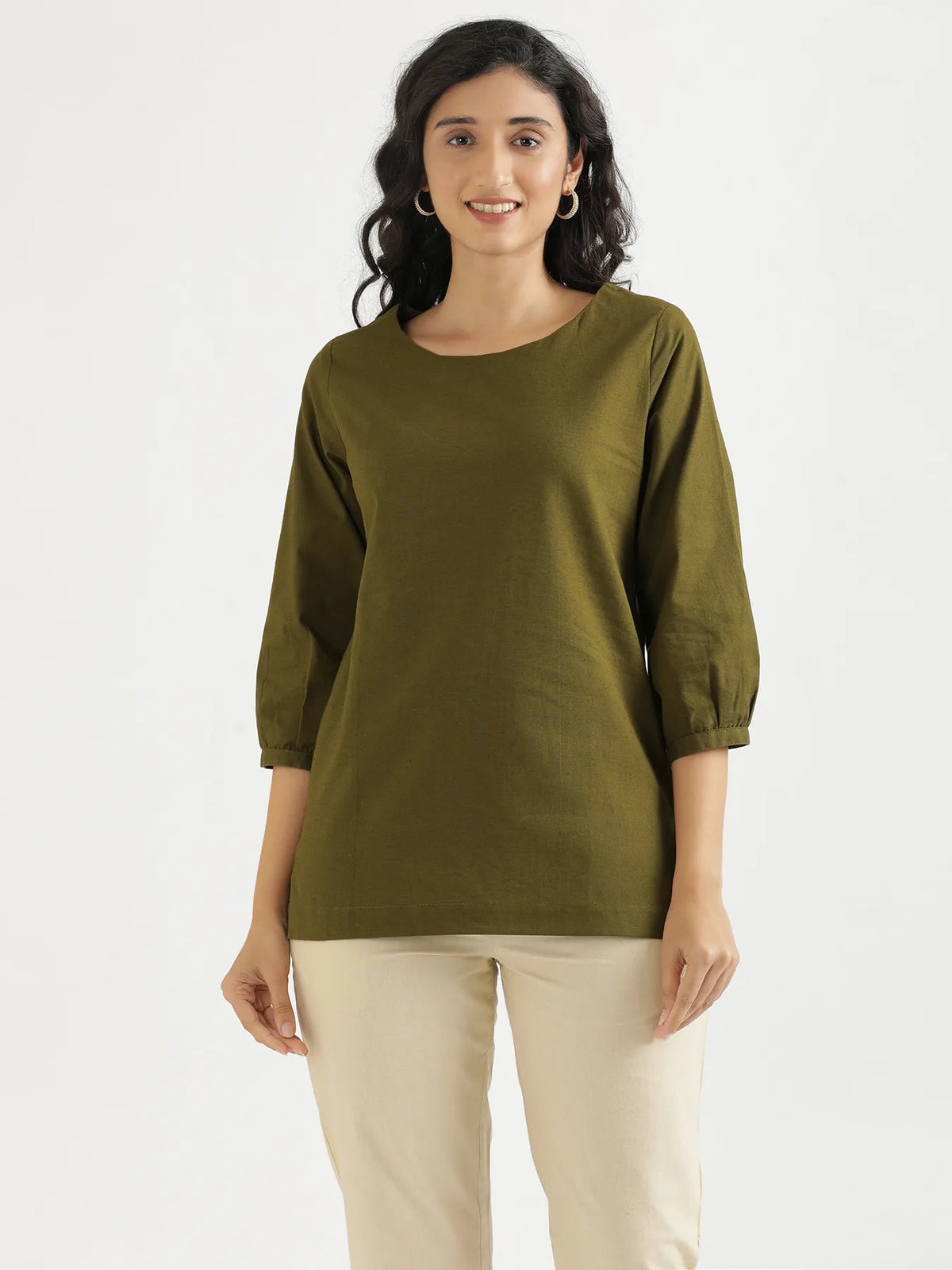 Women Olive Green Airy Linen Puff Sleeve Short Kurta