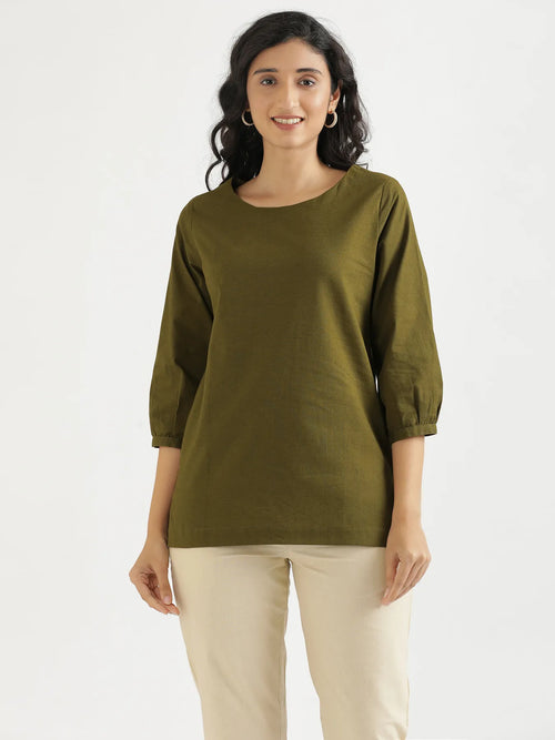 Women Olive Green Airy Linen Puff Sleeve Short Kurta