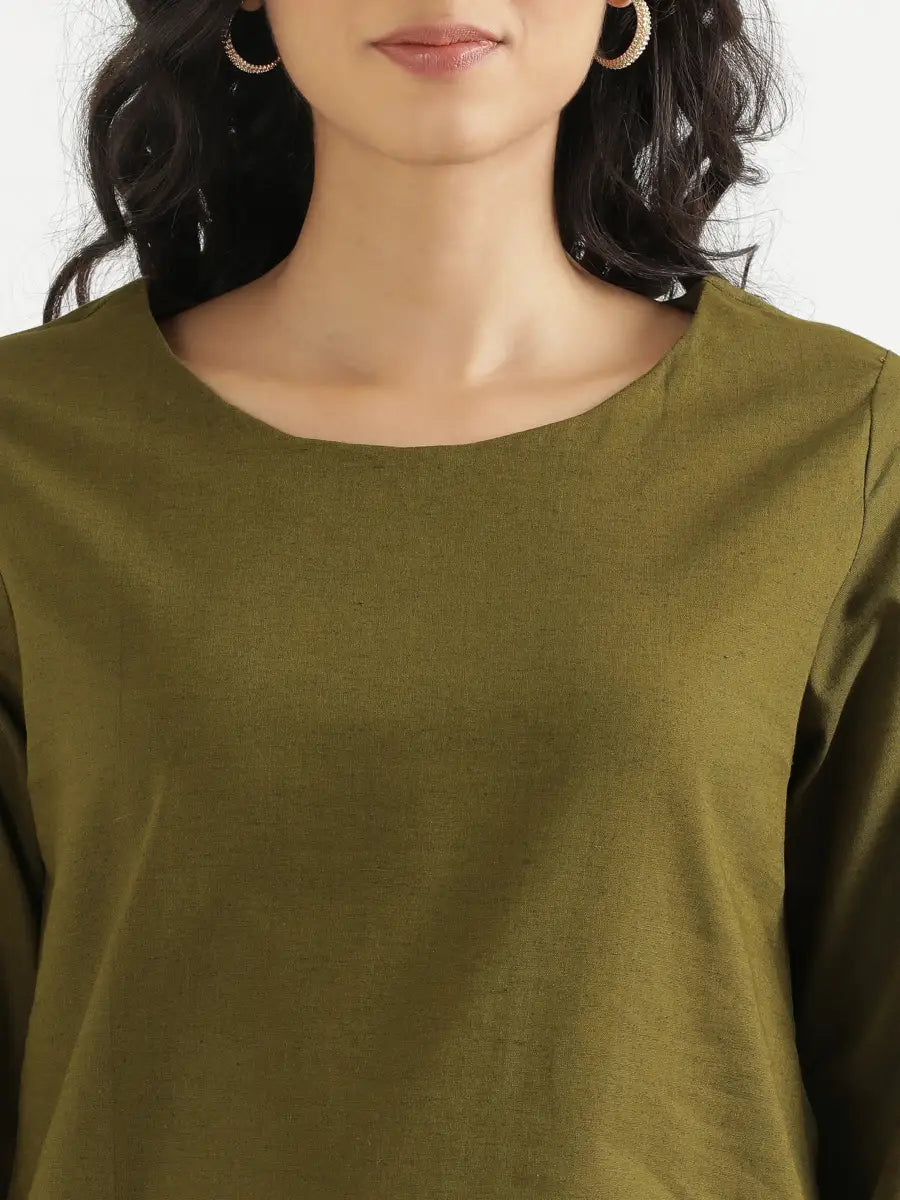 Women Olive Green Airy Linen Puff Sleeve Short Kurta