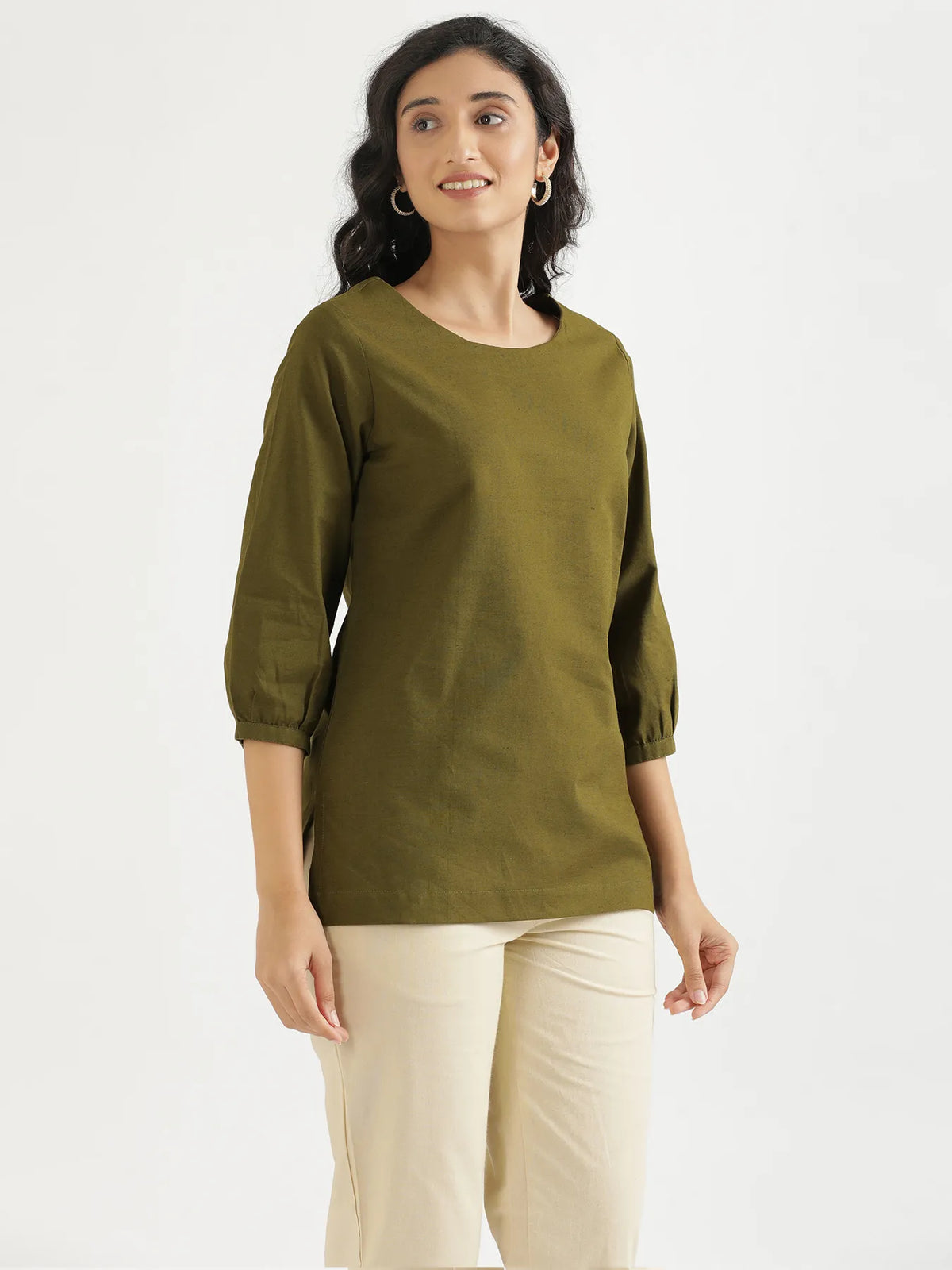 Women Olive Green Airy Linen Puff Sleeve Short Kurta