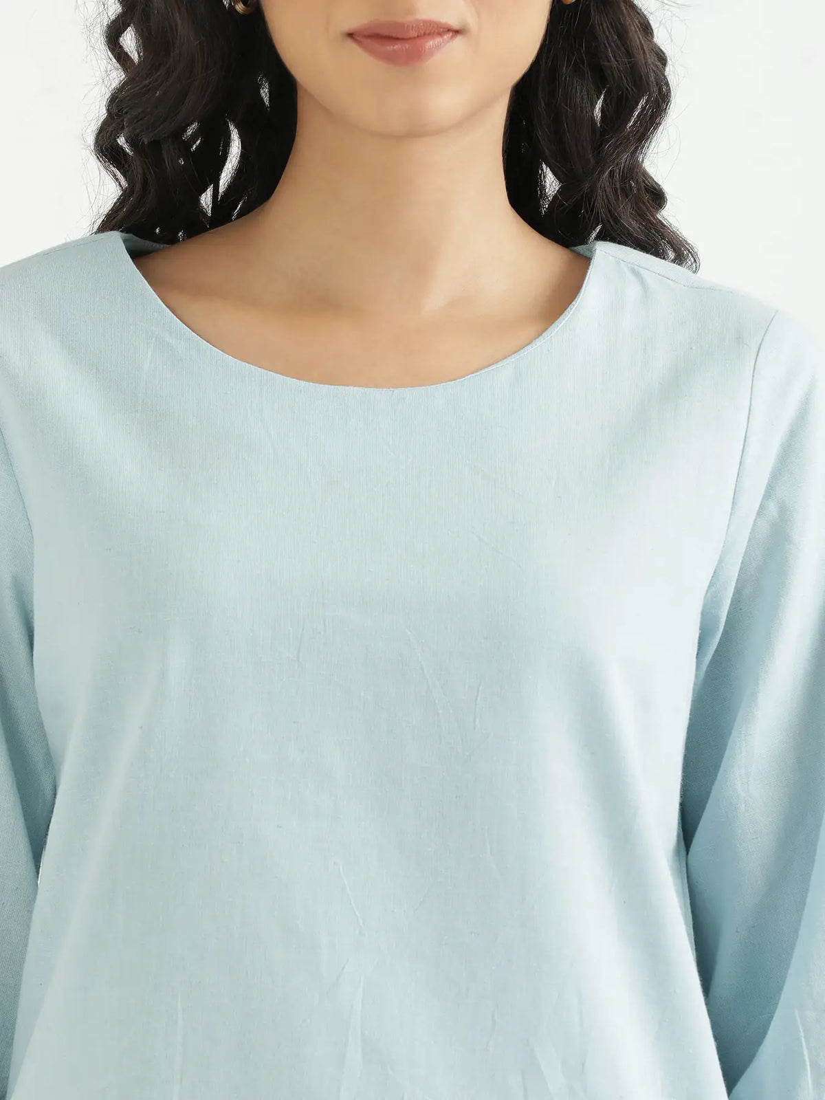 Women Sky Blue Airy Linen Puff Sleeve Short Kurta