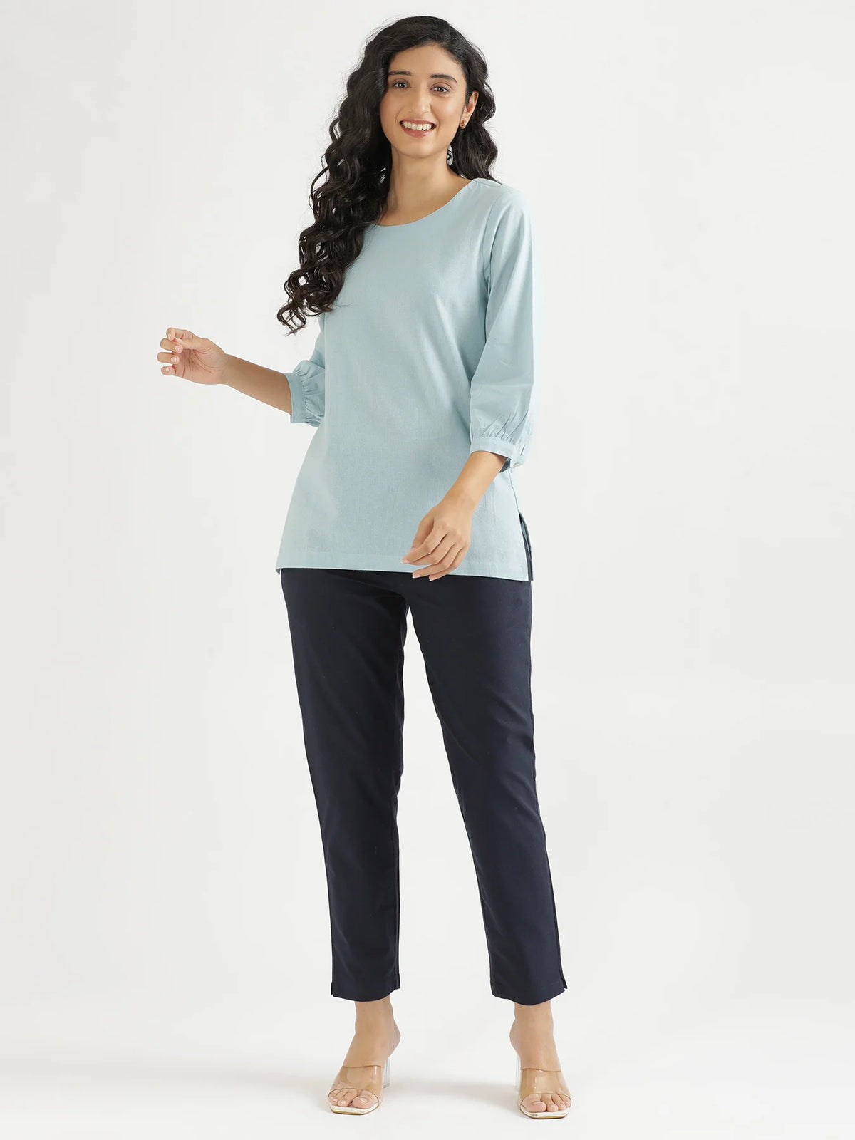Women Sky Blue Airy Linen Puff Sleeve Short Kurta