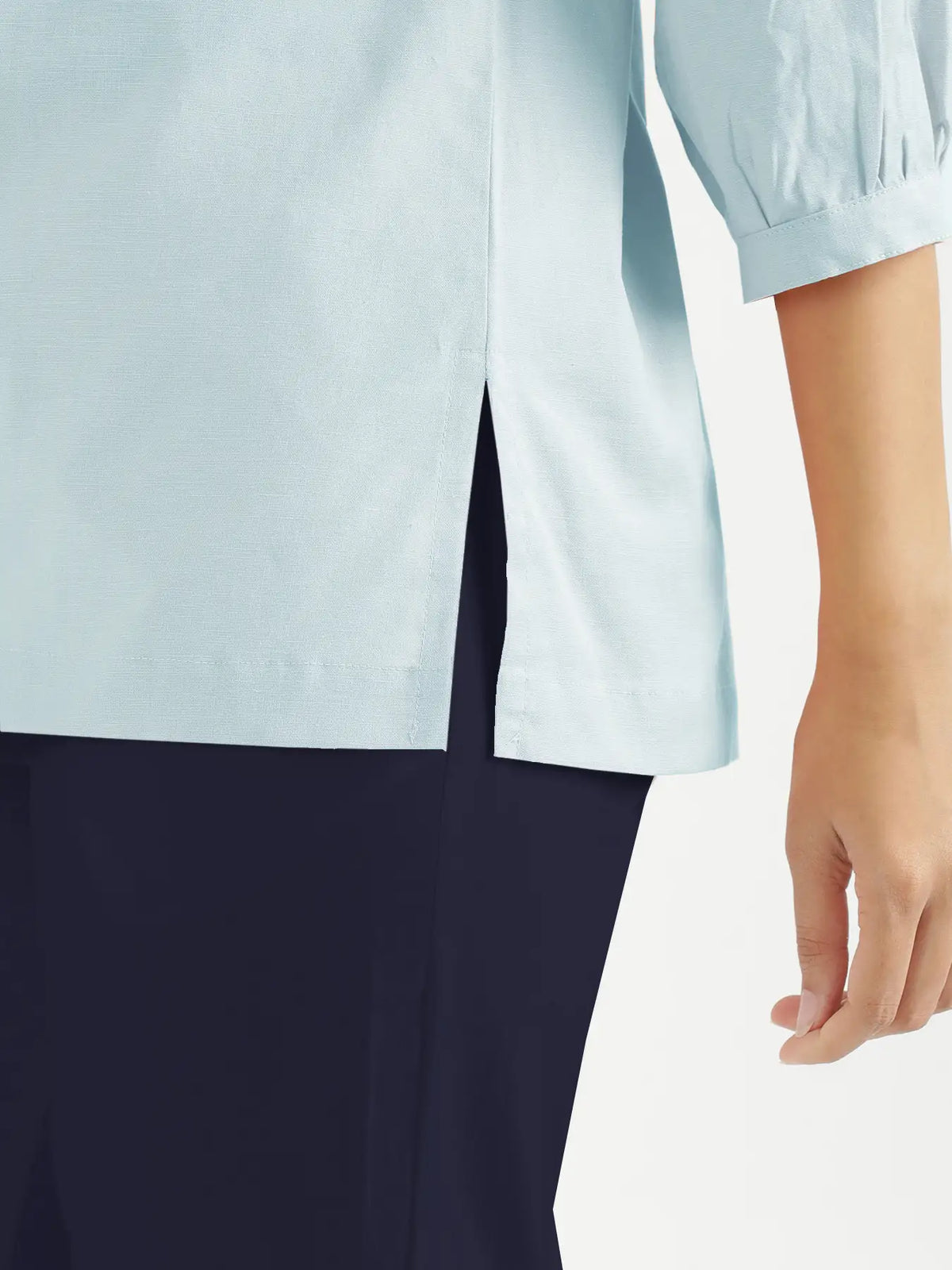 Women Sky Blue Airy Linen Puff Sleeve Short Kurta