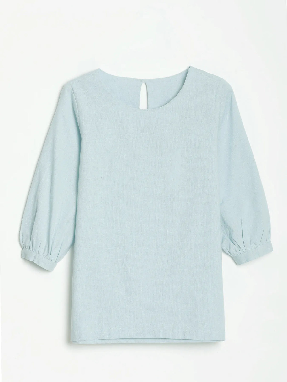 Women Sky Blue Airy Linen Puff Sleeve Short Kurta